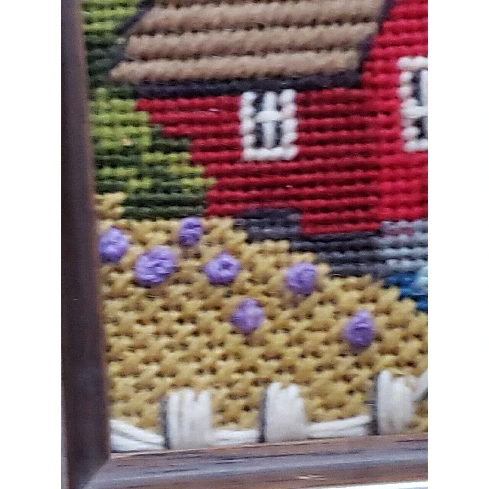 Vintage Jiffy Finished Needlepoint Spring Barn Summer Mill Set 2 Framed Square